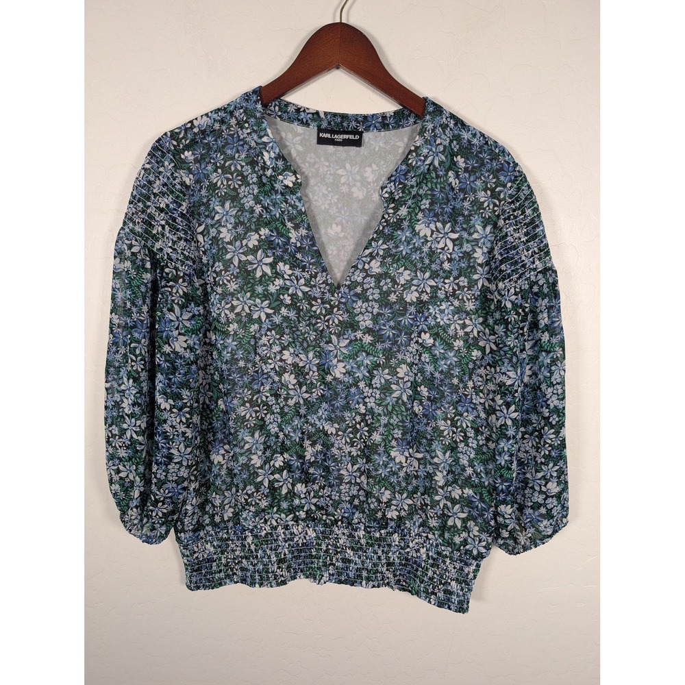 Karl Lagerfeld Paris Blouse Womens Large Blue Floral Smocked Peasant‎ Top Shirt